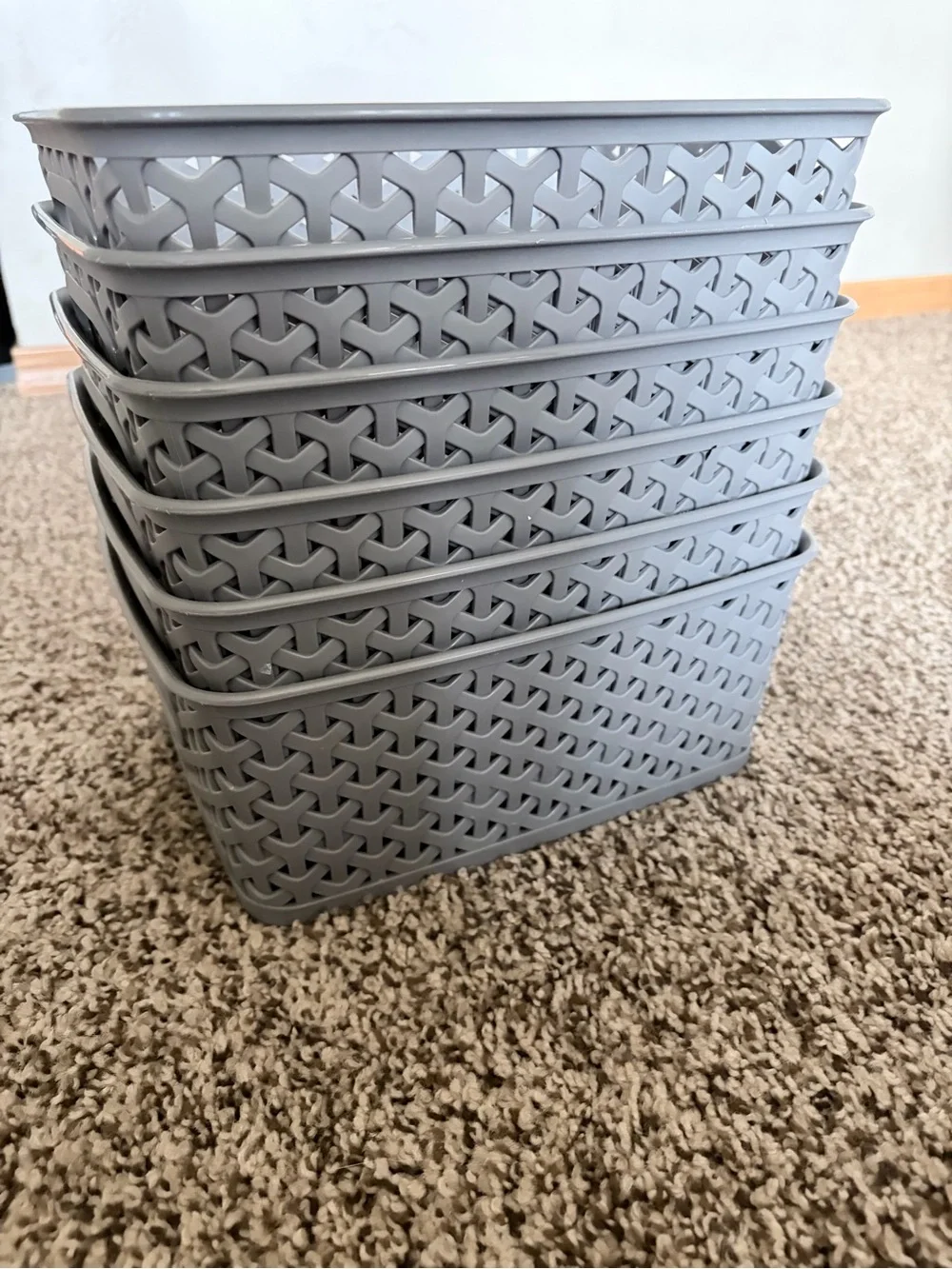 Stackable Gray Woven Plastic Storage Baskets -